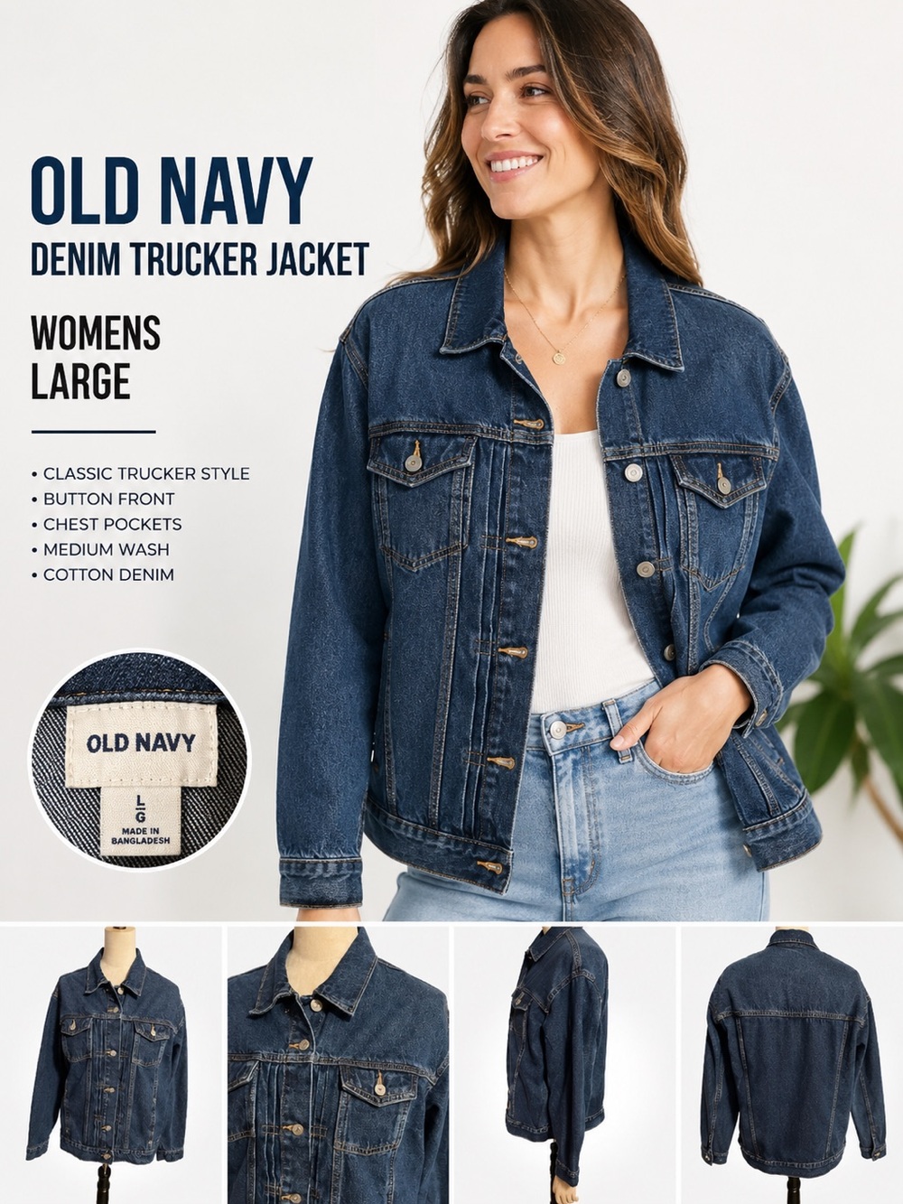 Old Navy Oversized Denim Trucker Jacket Large Blue Button Front Casual Jean